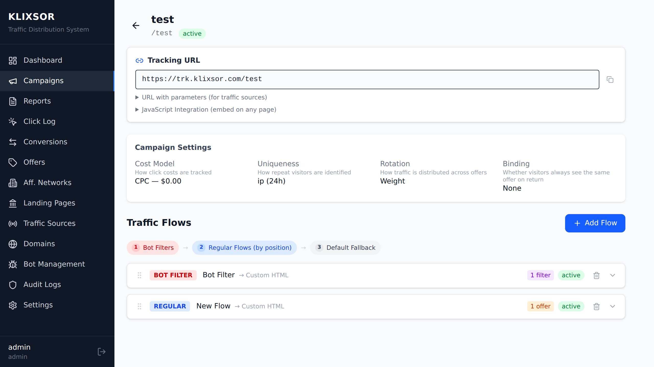 Campaign flow editor with cloned landing page assigned to a regular flow