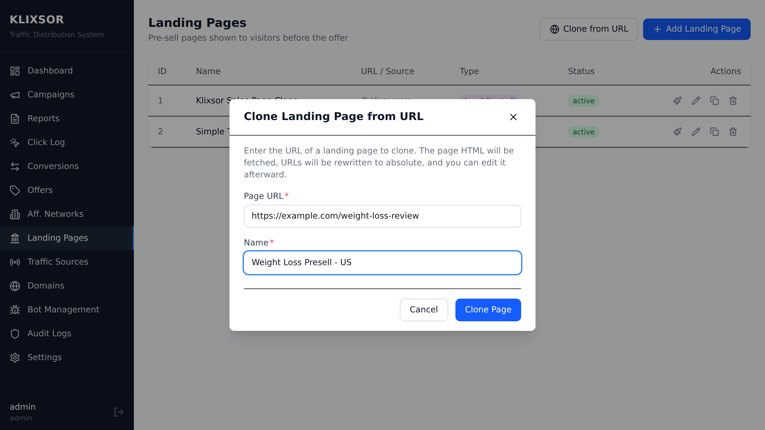 Clone landing page from URL modal — paste any URL and clone in one click