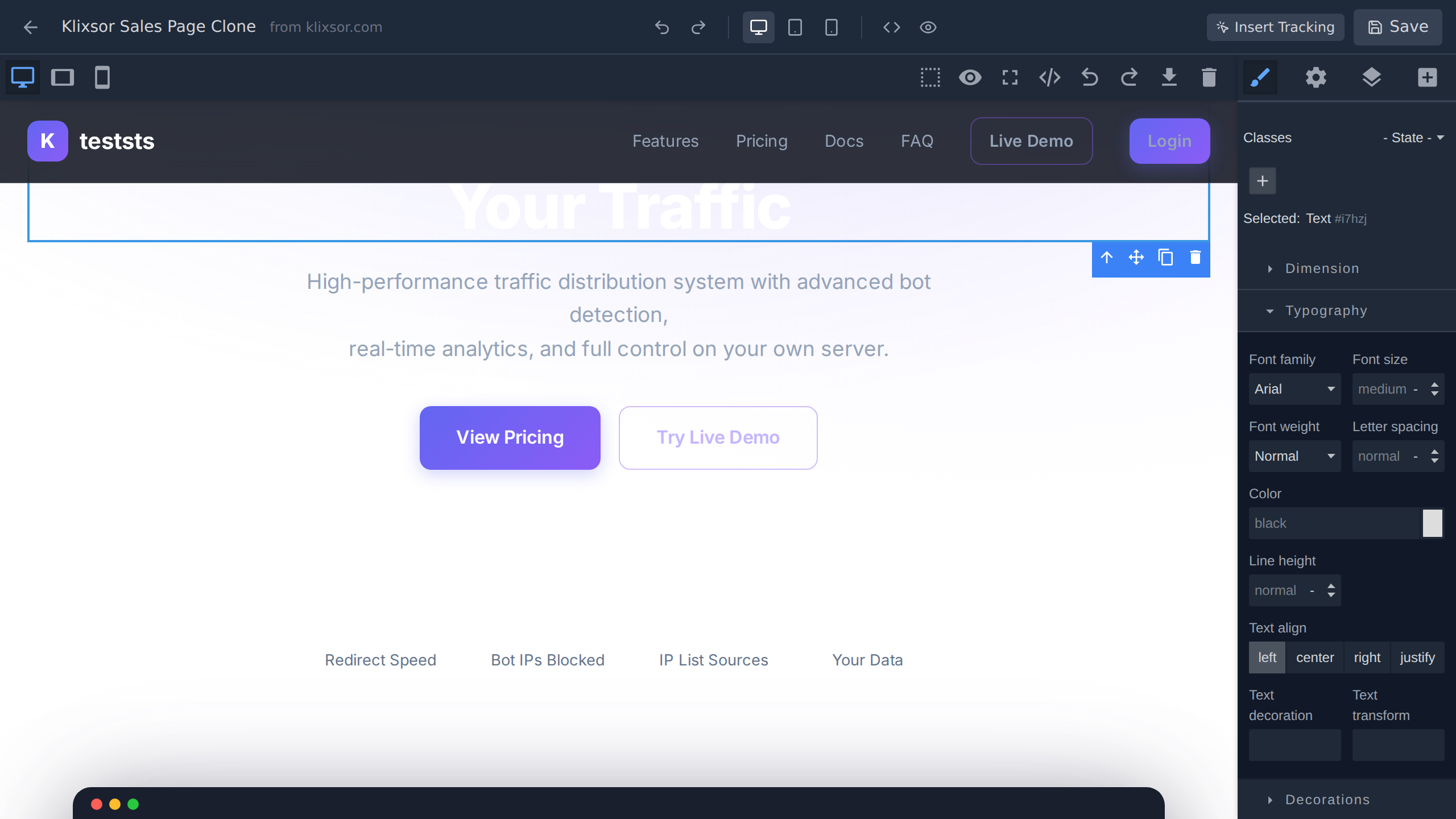 Visual editor — editing text, dragging blocks, and adjusting styles