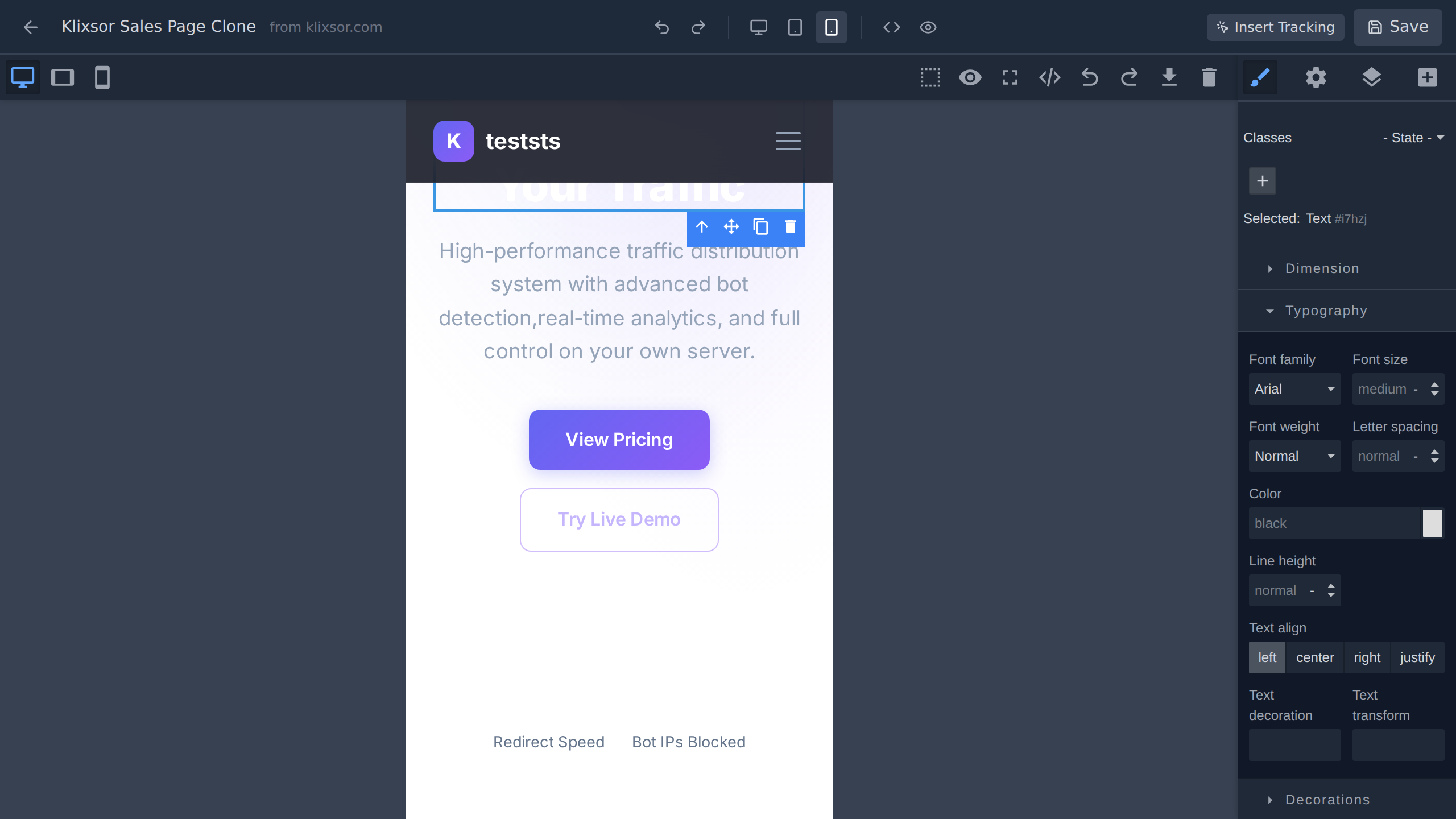 Responsive preview showing mobile view of landing page in the editor