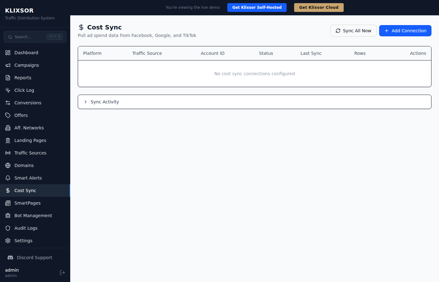 Cost Sync overview page