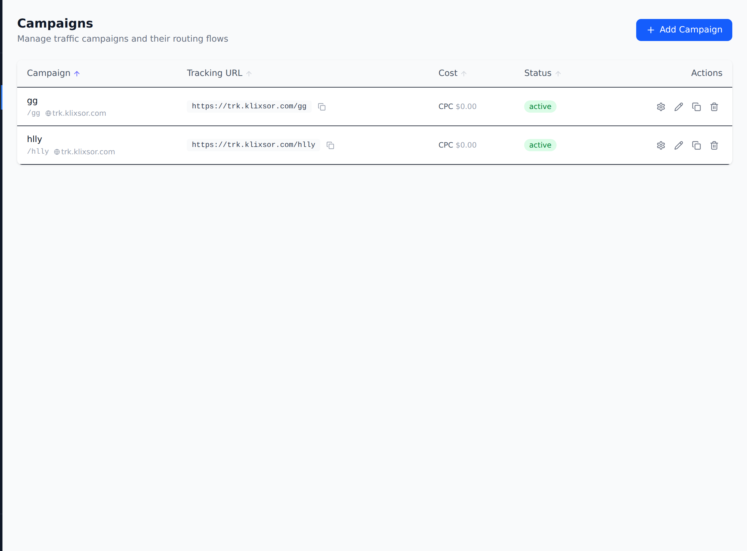 Campaign list showing clone button in the actions column