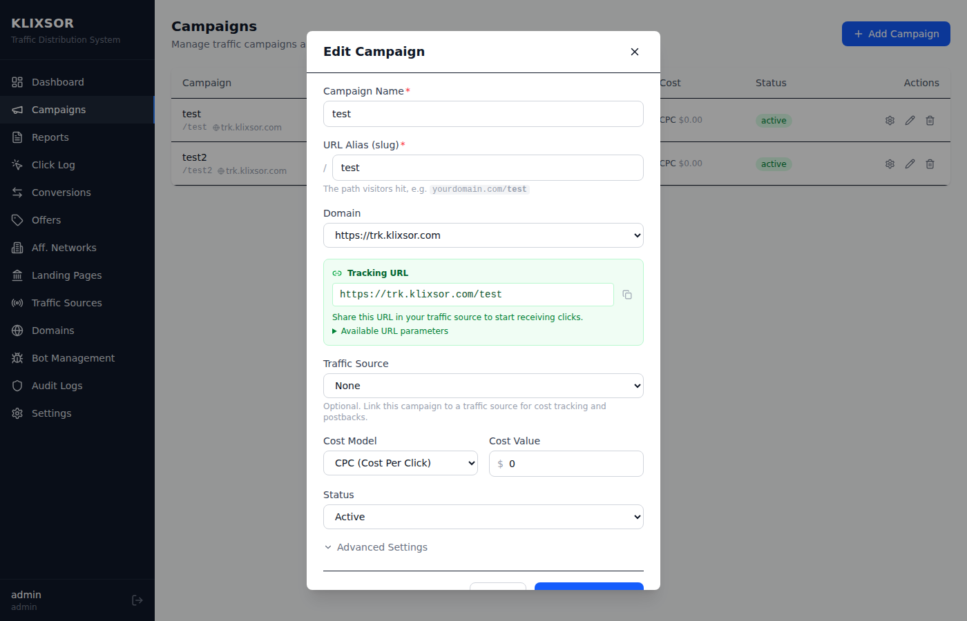 Campaign edit with name, domain, tracking URL, cost model, and advanced settings