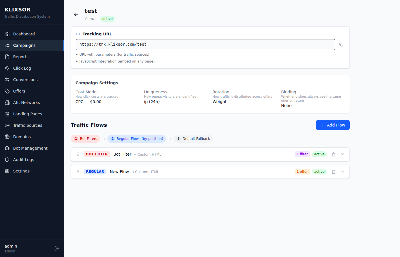 Campaign traffic flows with bot filters, regular flows, and routing rules