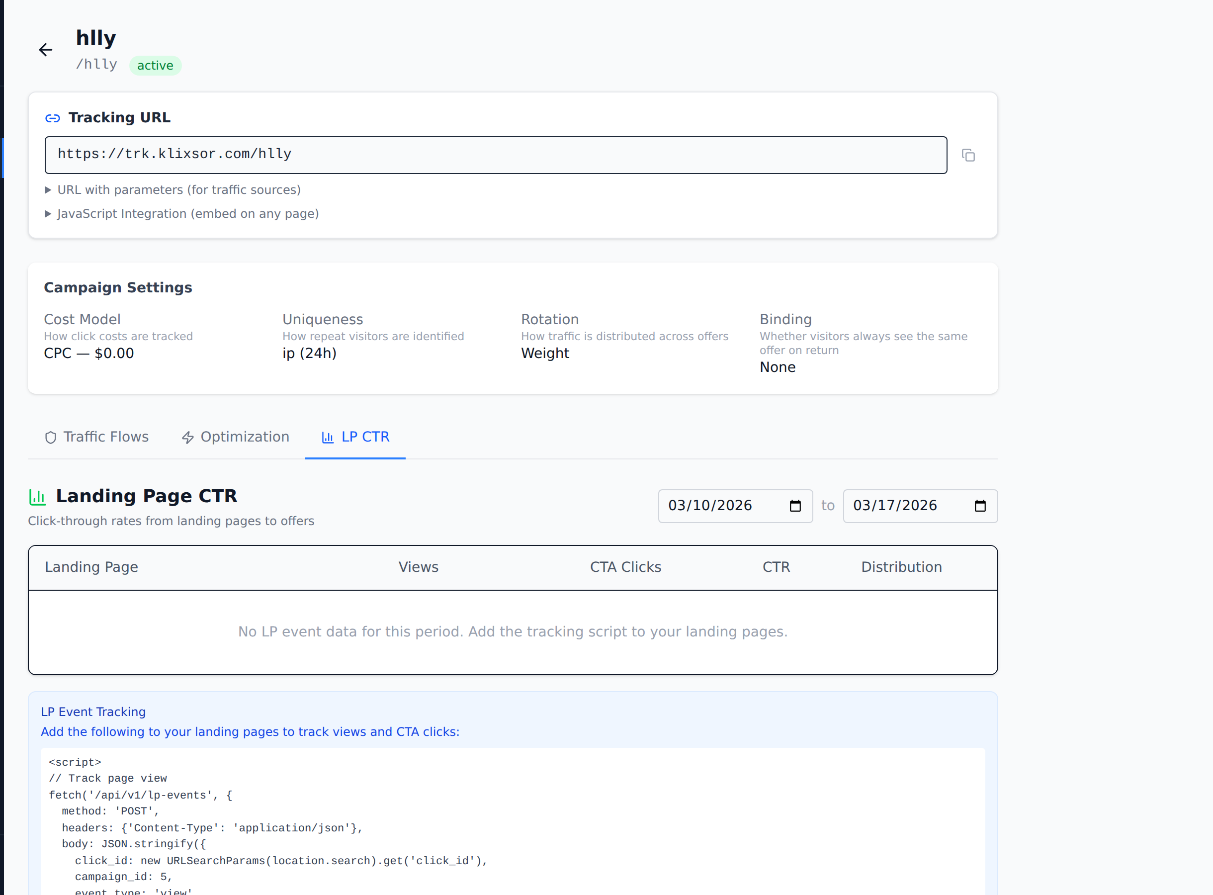LP CTR tab showing views, CTA clicks, CTR percentage, and tracking script